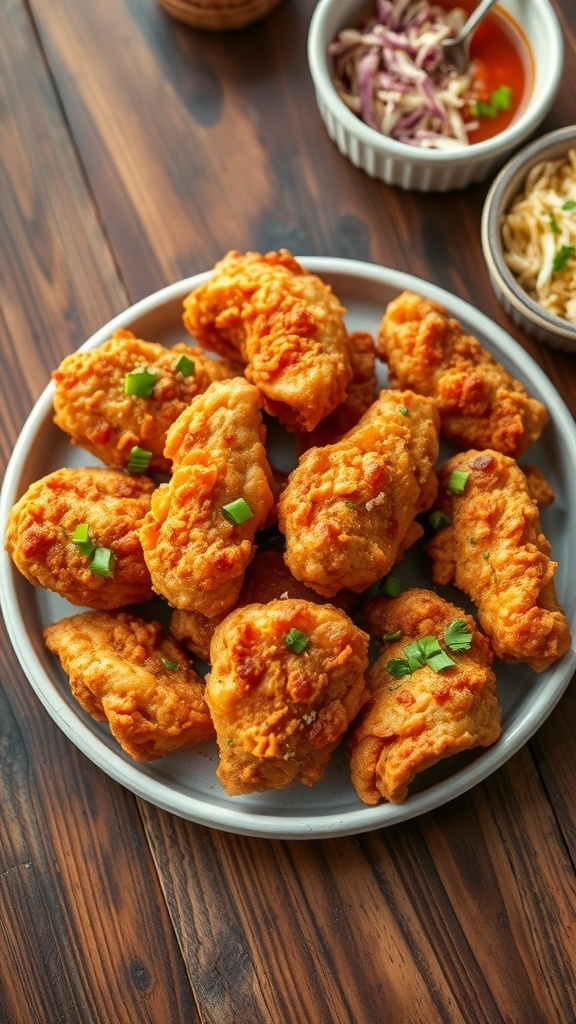 Golden crispy fried chicken served with coleslaw and dipping sauce on a rustic table.